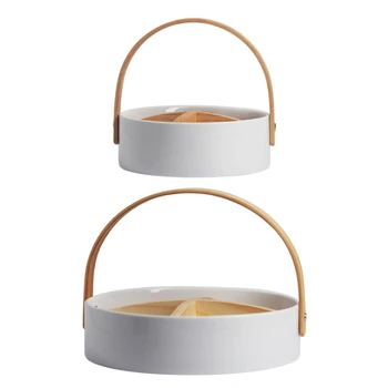 

StorageTrays with Bamboo Handle Round/Square Fruit Tray Ceramic Multi-grid Snacks Platter Portable INS White High-End Home Goods