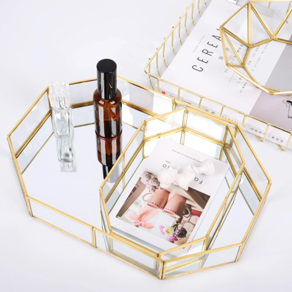 

Vintage Make Up Storage Baskets Golden Polygon Shaped Organizer Clear Glass Ornate Jewelry Sundries Storage Tray