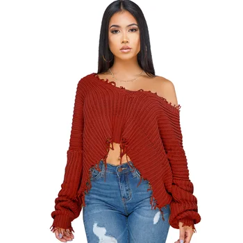 

Off Shoulder Pullover Tassel Knitted Sweater 2019 Autumn Winter Women Long Sleeve Loose Jumper Oversized Crop Sweater Pull Femme