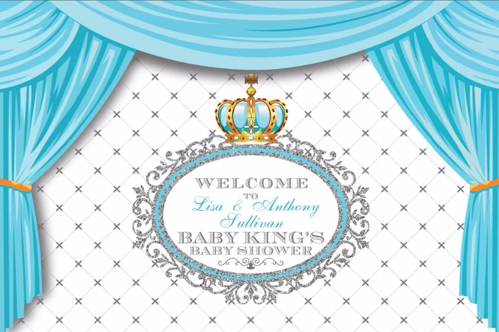 Personalizzato Baby Shower Blue Crown Prince Boys Tende Fondali Sfondo Di Compleanno Stampa Computer Di Alta Qualità