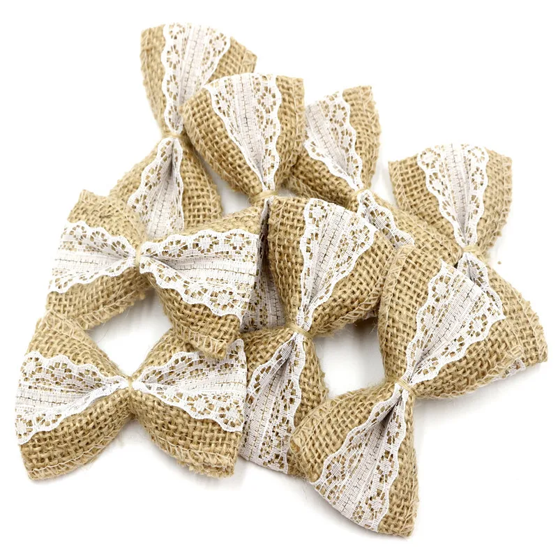 10pcs Vintage Natural Jute Burlap DIY lace Ribbons Bowknot craft Wedding Decor 