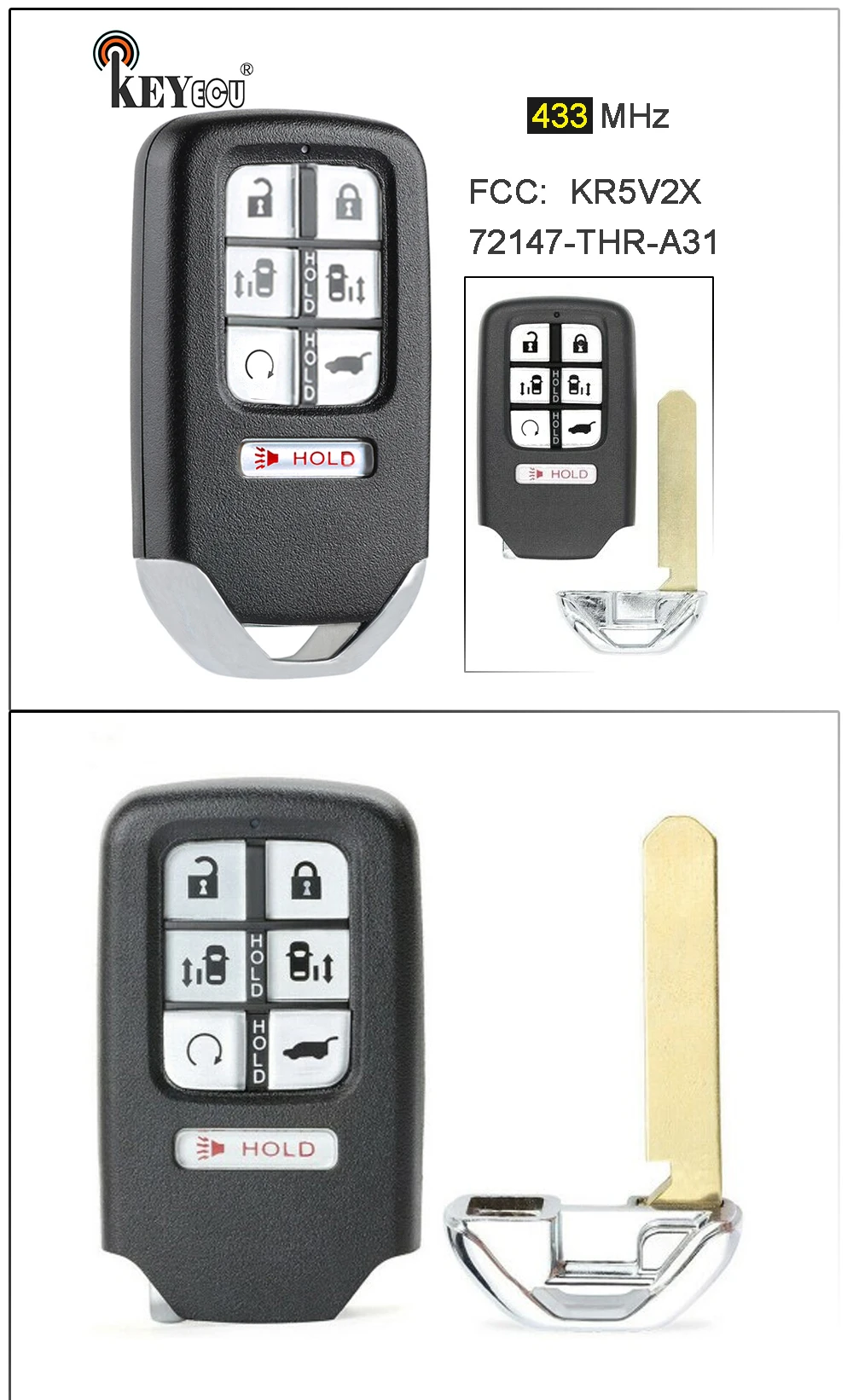 KEYECU 433 МГц FCC: KR5V2X 72147-THR-A31 Замена 7 Кнопка дистанционного брелока для Honda Odyssey