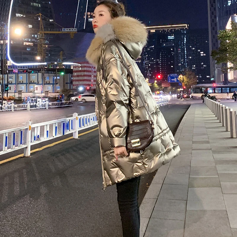 Maternity Winter Long Windbreaker Bright Face Down Padded Jacket Pregnancy Woman Hooded Thicken Loose Parkas With Big Fur Collar