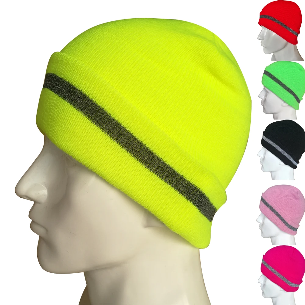 Neon Yellow Hi Vis Safety Beanie Hat Customize Your Logo Winter Knit Hat With Reflective Strips Unisex