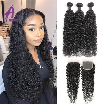 

Alimice Hair Water Wave Bundles With Closure Brazilian Hair Weave Bundles With Closure Remy Human Hair 3 Bundles With Closure
