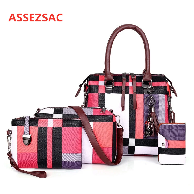 ASSEZSAC роскошные 4 шт./компл. Для женщин сумки из натуральной кожи дамское клетчатое Ретро сумка с кисточками Сумки из натуральной кожи модные женские композитная сумка Bolsa Feminina