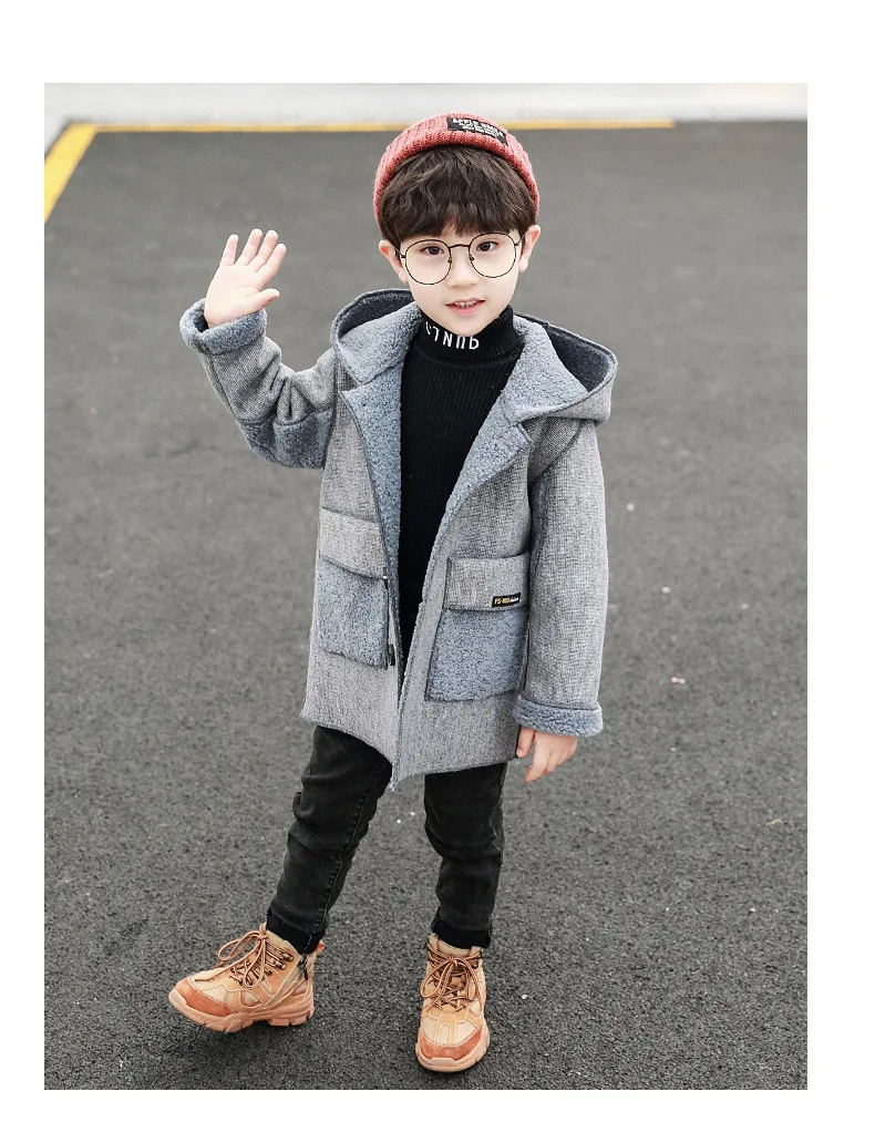 Детское плюшевое пальто для мальчиков; пальто средней длины в Корейском стиле; модное толстое Детское пальто