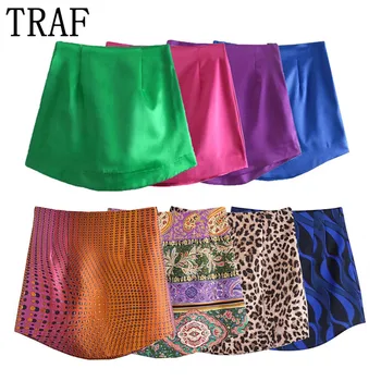 TRAF Satin Short Skirts Woman Vintage Sexy Mini Skirt Women 2021 Green Red New Year Elegant Skirts High Waist A Line Skirt 1