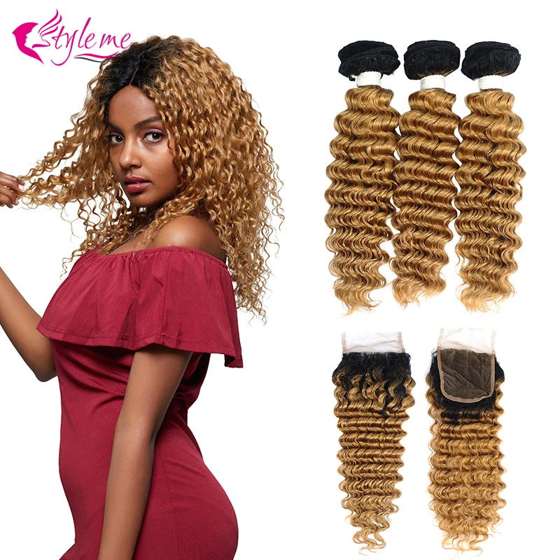 

Brazilian Bundles With Closure Ombre Blonde Human Hair Bundles Honey Blonde Deep Wave Bundles With Closure Colored Hair Non Remy