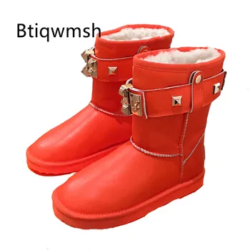 

2019 New arrival Snow Boots Women Round Toe Shark Lock Wool Fur Cow Leather Flat Shoes Woman Fashion Winter Ankle Boots