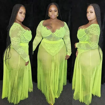 

Two Piece Set Lace Women Sexy V-neck Long Sleeve See Through Bodysuit Top Neon Green And Long Mesh Beach Skirts Outfit Plus Size