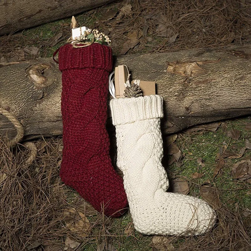Promotion-Woolen Hand Knitting Christmas Socks Christmas Gift Bag Candy Bag Decorative Socks Red and White 4 Pack