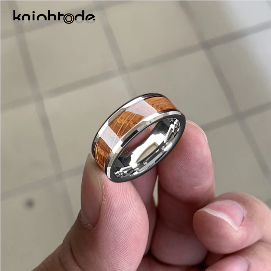 6mm 8mm Tungsten Carbide Rings Whiskey Barrel Oak Wood inlay for Men Women Engagement Wedding Bands Beveled Edges Polished