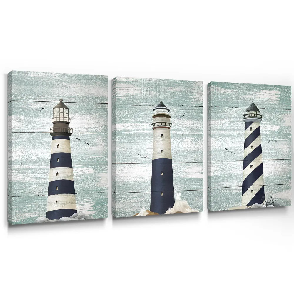 Морской Wall Art Холст Картина белого и синего цвета Маяк фотографии океана плакаты