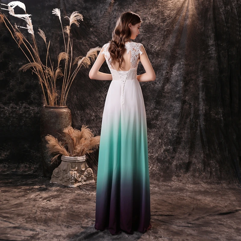 Prom Dresses Long Chiffon Lae Applique Sleeveless vestido elegante Floor Length Evening Gown Women Simple Keyhole Back cheap prom dresses