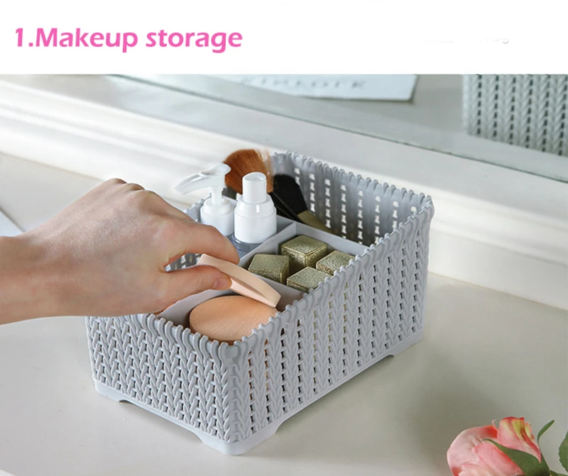 Rattan Cosmetic Storage Box Plastic Makeup Organizer Home Office Desk Storage Brush Holder Case Sundries Basket Object Container