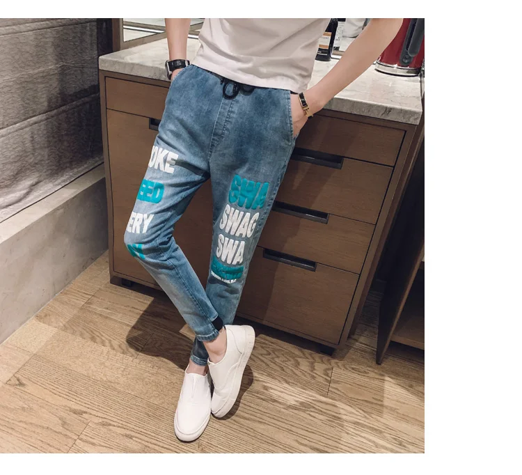 New Arrival Hot Sale Brand autumn men's casual high quality printed trouser male slim korea style fit nine-tenth pants jean