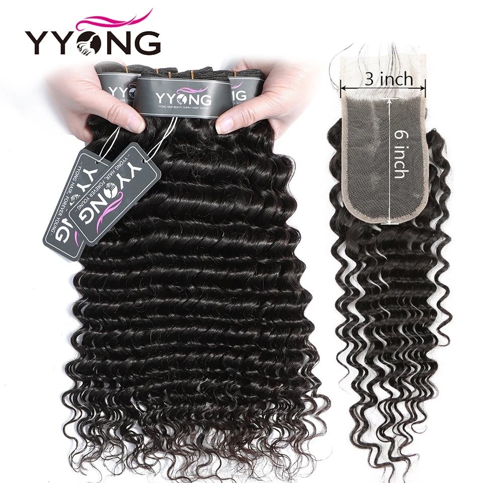 

Yyong 3x6 Closure With Bundles Peruvian Deep Wave 3/4 Bundles With Closure NonRemy Peruvian Human Hair Bundles With Lace Closure