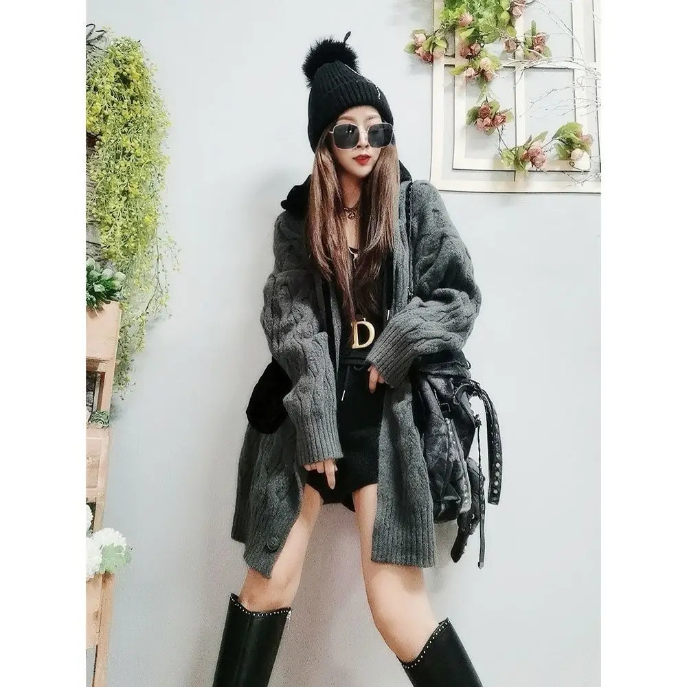 

New loose and thickened medium length velvet stitched woolen coat women's autumn and winter style knitted cardigan hood