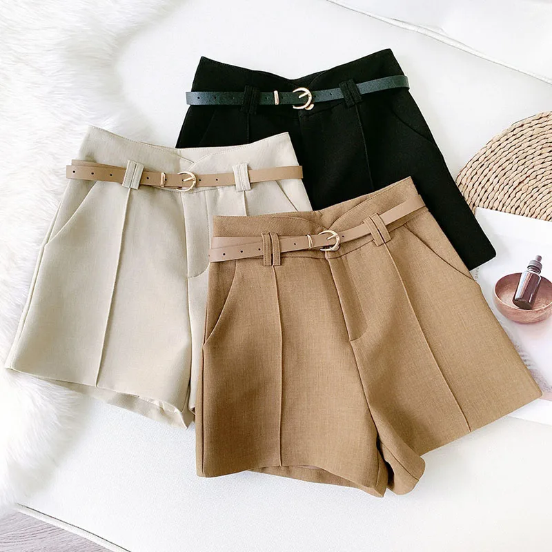 Wasteheart Autumn Black Khaki Polyester Shorts Women High Waist Shorts Camel Short Bottom Zipper Sashes England Style OL Formal