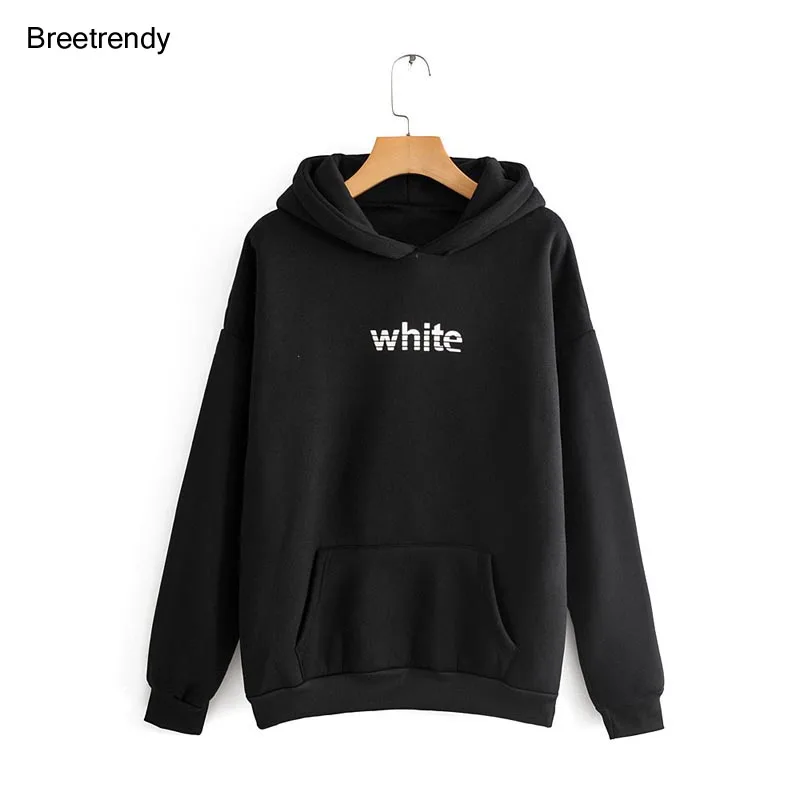 

WY913 Autumn Women's Black White Color Letter Print With Hat Fleece Sweatshirt Warm Pullovers Hoodied