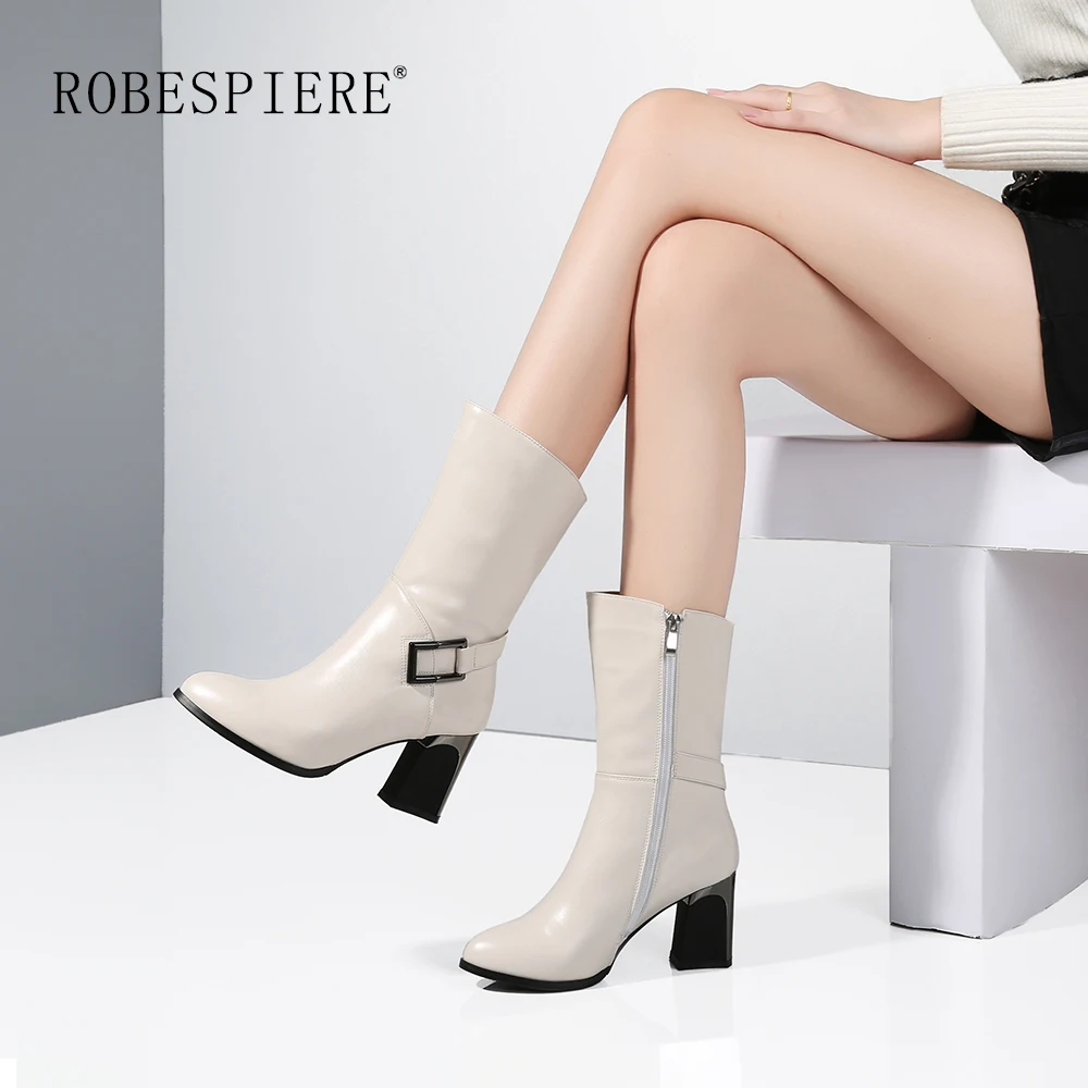 ROBESPIERE New Pointed Toe Mid Calf Boots Women Fashion Buckle Square Heel Shoes Winter Warm plush Zipper Lady Boots B69