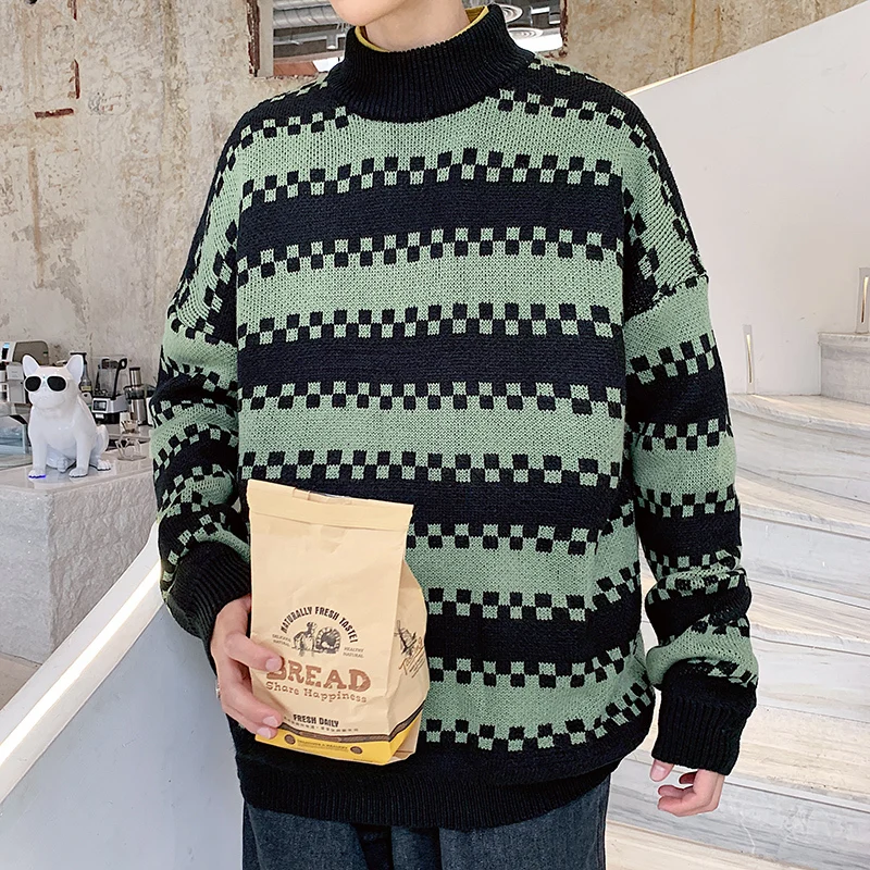 Black green Winter New High Collar Sweater Men Warm Fashion Contrast Color Casual Knit Pullover Male Clothes Loose Long Sleeve Sweater Men - Цвет: Black green