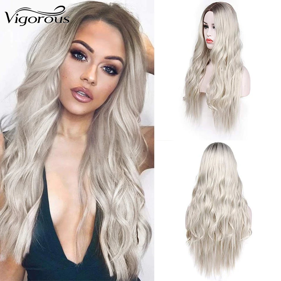 

Vigorous Long Natural Wigs Ombre Grey Wigs Heat Resistant Middle Part Side Synthetic Wavy Wigs Cospaly