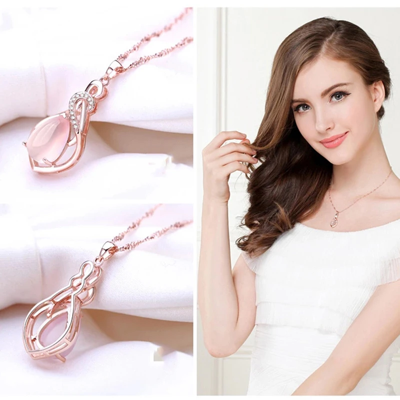 Natural Rose Stone Pendant Necklace Silver Jewelry Crystal Powder Water Drop Necklace For Women Gift
