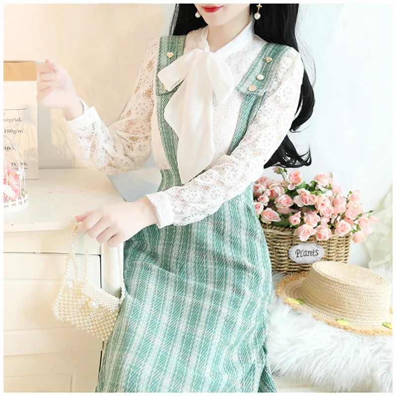 SWEETXUE юбка на бретелях, костюм, кружевная ажурная рубашка с бантом, топ+ длинная юбка в клетку, Осенний элегантный комплект из двух предметов, Модный женский комплект