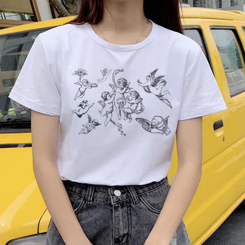 Angel Harajuku Ullzang, женские футболки, Kawaii, забавная мультяшная футболка, 90 s, графический гранж, Милая футболка, корейский стиль, женские футболки - Цвет: 21674