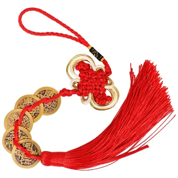 

Red Five Emperors Coins Pendant Feng shui Lucky China Knot Mascot Home Decoration Health Protection Car or Door Decor