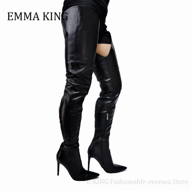 Women's Sexy Black Faux Leather Knee High Boots