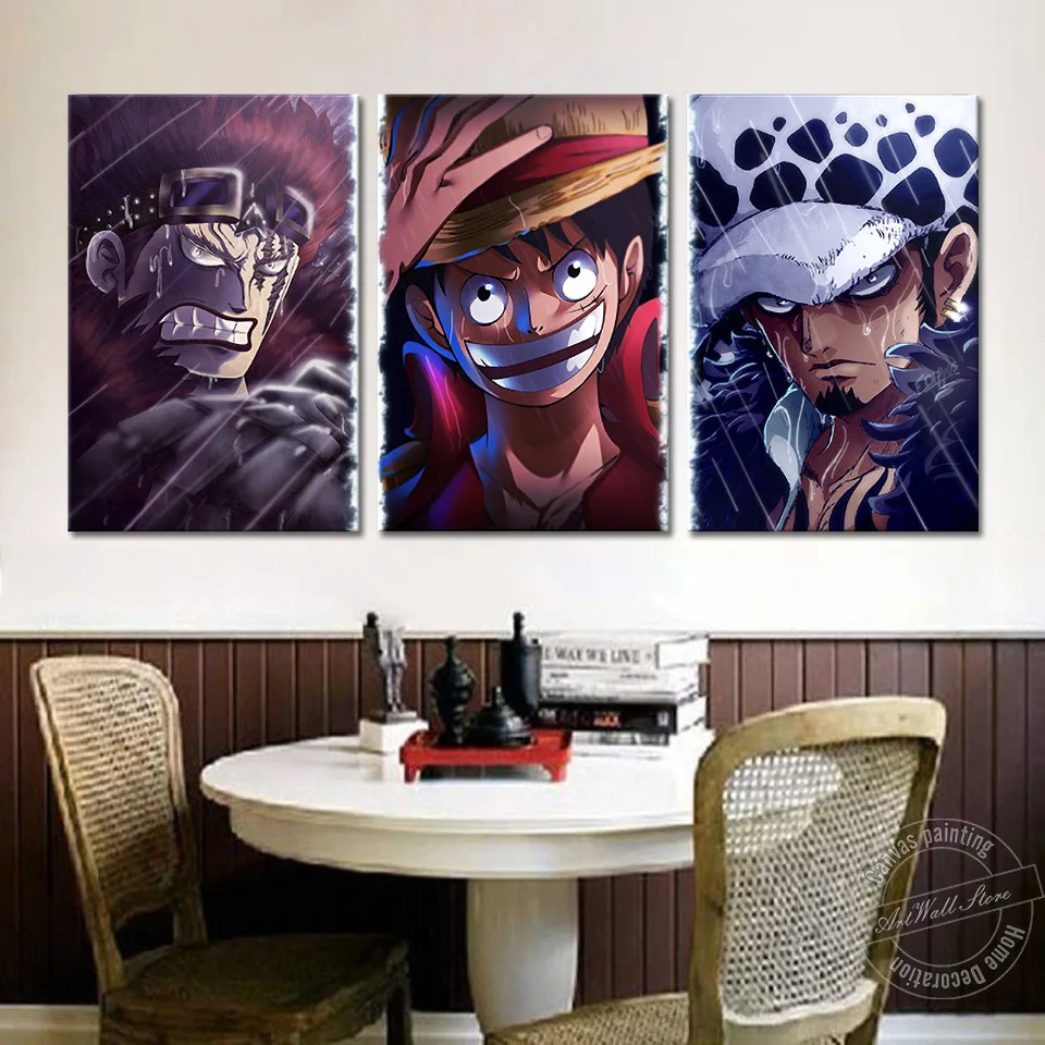 Unframed 3 Piece Cartoon Painting Anime One Piece HD Print Poster Luffy Kid and Law Wall Picture for Living Room Decor Gifts