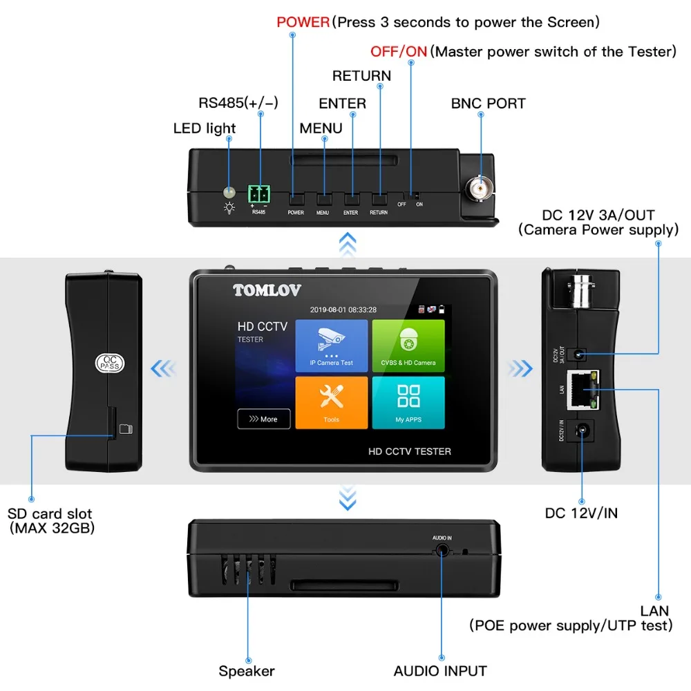 4 дюйма 4 к H265 H264 IP камера тестер 8MP AHD/TVI/CVI CVBS CCTV тестер монитор PTZ контроллер Быстрый ONVIF IPC тестер с портом POE