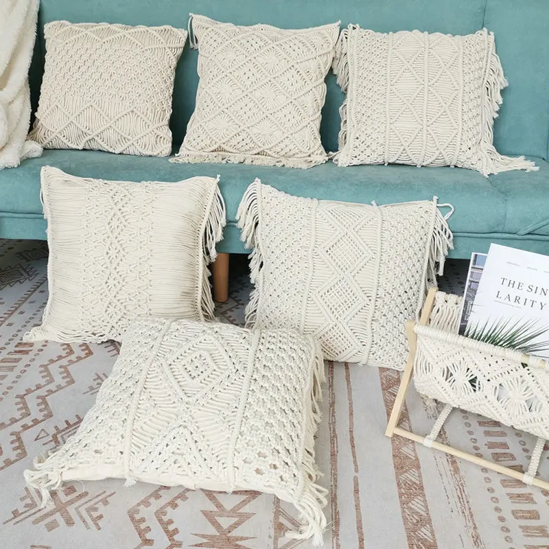 

Cushion Covers with tassel Macrame Hand-woven Cotton Linen Pillow Cover Geometry Bohemia Style Pillowcase Home Sofa Decor