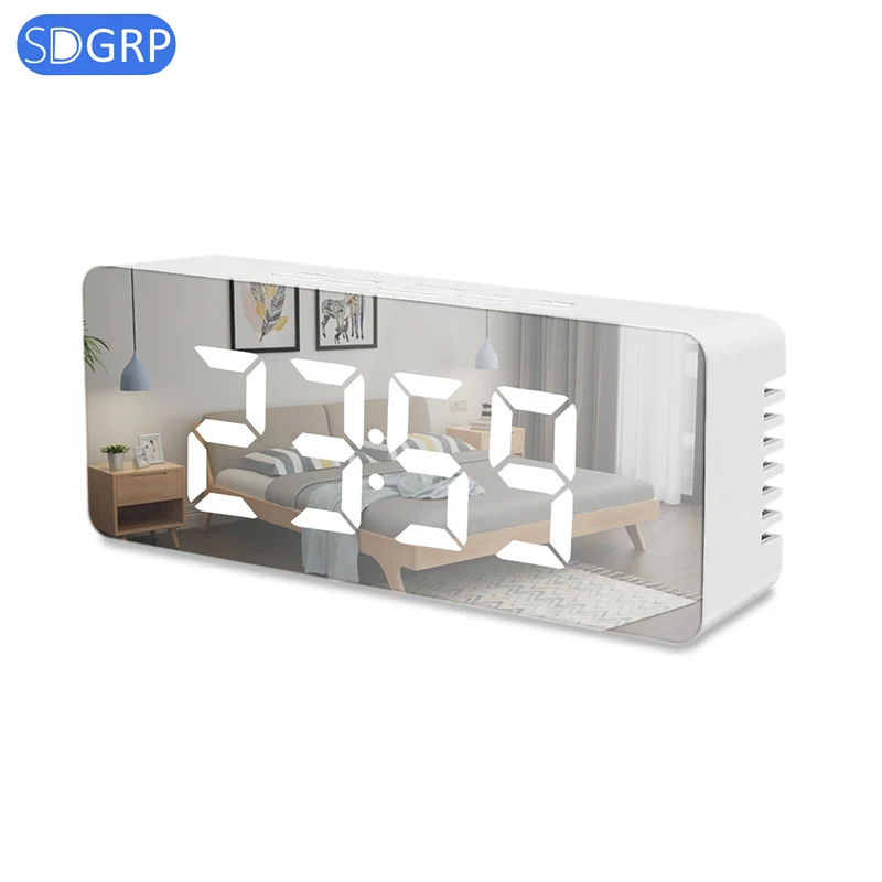 

LED Electronic Alarm Clock USB Digital Mirror Clock Morning Table Clock Wake Up Light Time Temperature Display Home Decoration