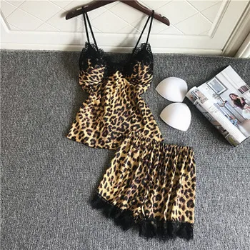 

HaloSweet High Quality Slik Sleepwear Women Sexy Lace Sling V-Neck Leopard Print Pajamas Lingerie Summer Nightwear Lady