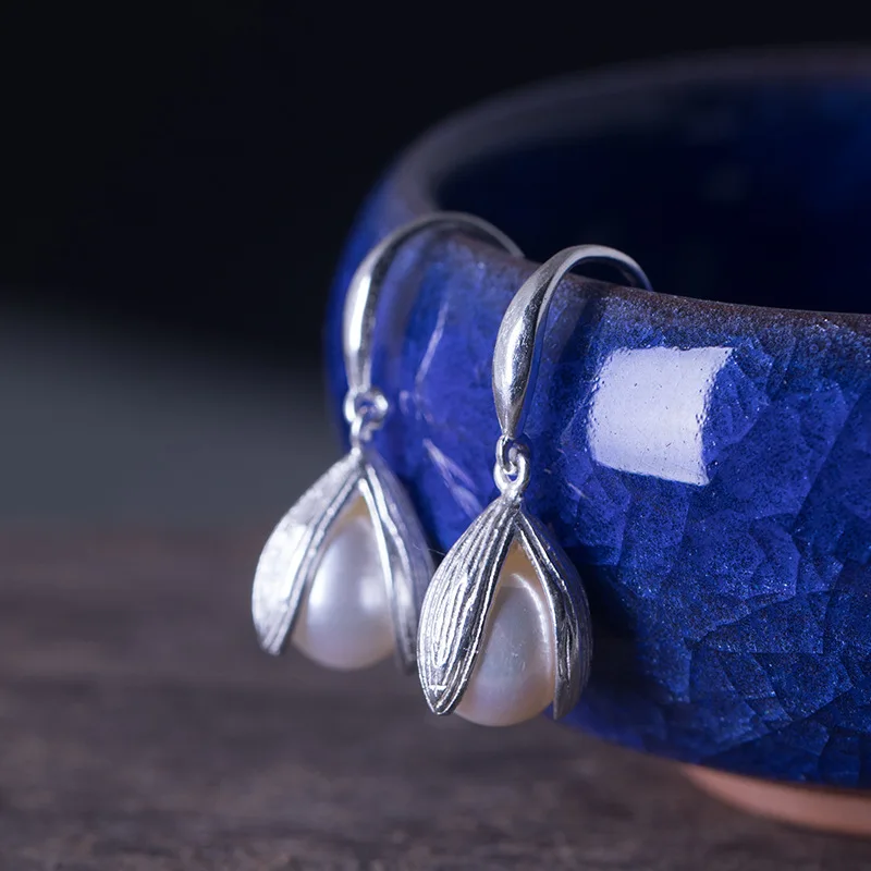 

Authentic 925 Sterling Silver Drop Dangle Earring for Women Tulip Flower Freshwater Pearl Earrings for Girl Handmade Jewelry