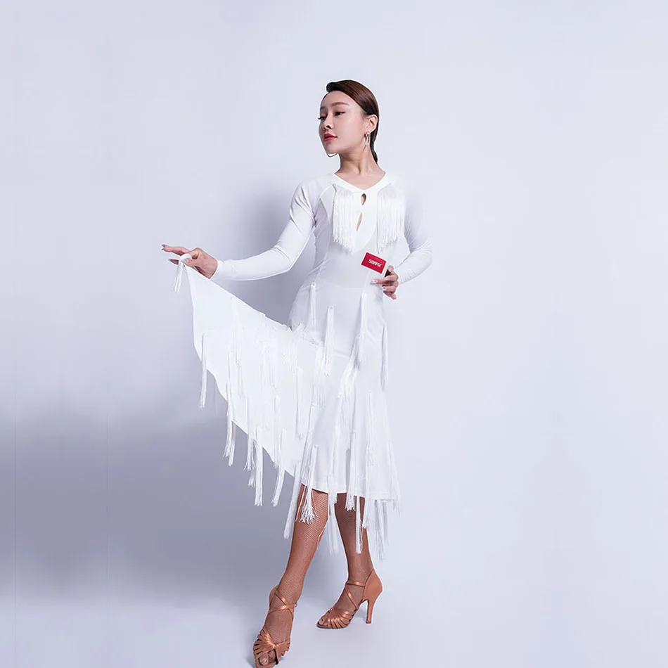 

Fringe Latin Dance Dress Women Long Sleeve Tassel Dress for Ballroom Samba Tango Chacha Dancing Performamnce L9588