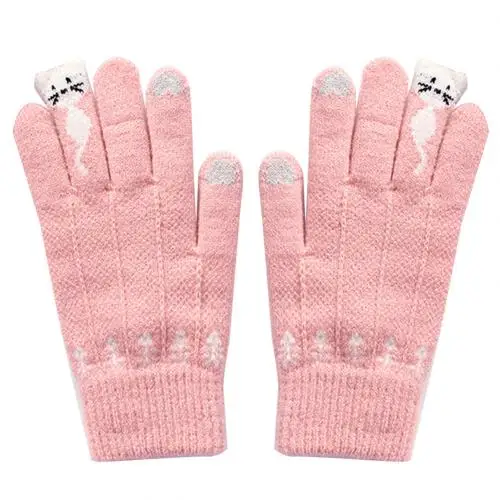 Pink Теплые зимние вязаные перчатки на полный палец, варежки, женские милые Мультяшные Коты, сенсорные перчатки, перчатки гуанты, перчатки - Цвет: Pink