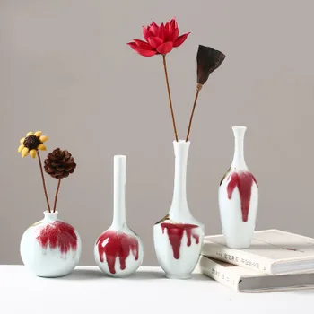 

Jingdezhen Ceramic Vase Retro Underglaze Red Carse Pottery Tottery Table Decoration Mini Dry Flower Vases 4 Pieces Gift