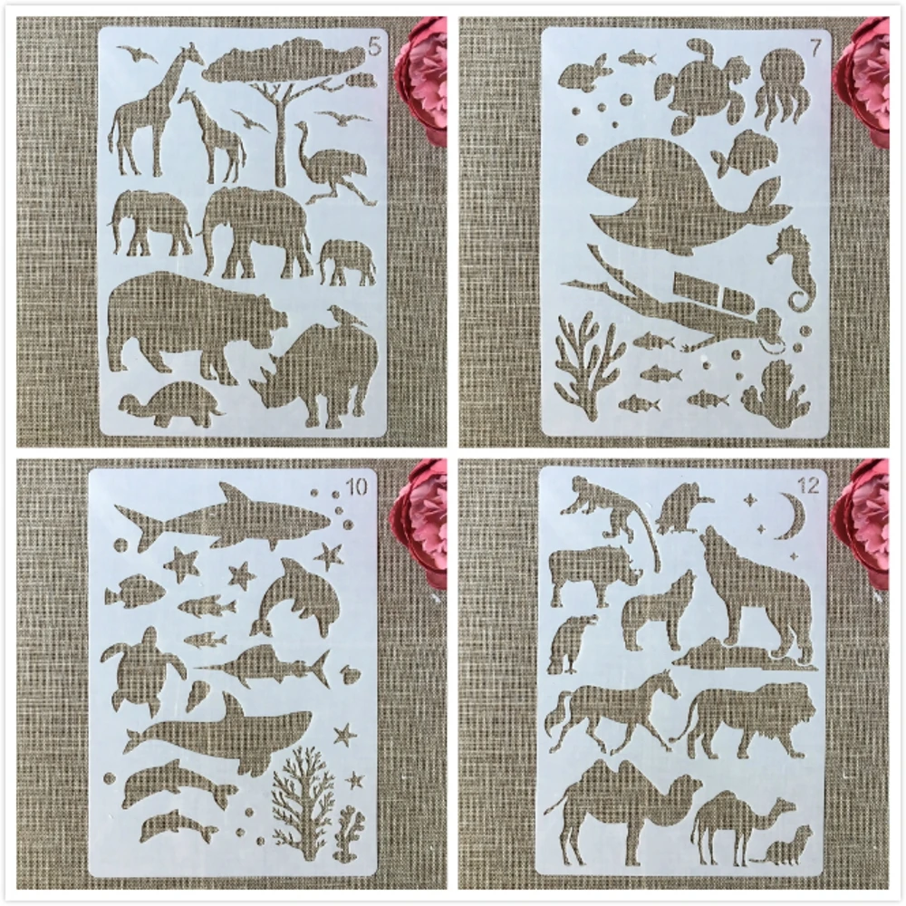 

4Pcs A4 29cm Marine Shark Whale Elephant DIY Layering Stencils Painting Scrapbook Coloring Embossing Album Decorative Template