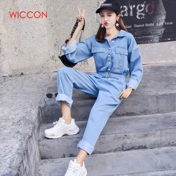 

Fashion Streetwear Style Denim Overalls Women 2020 Autumn Long Sleeve jumpsuits High Waist Bodycon Romper Wide Leg Jumpsuit