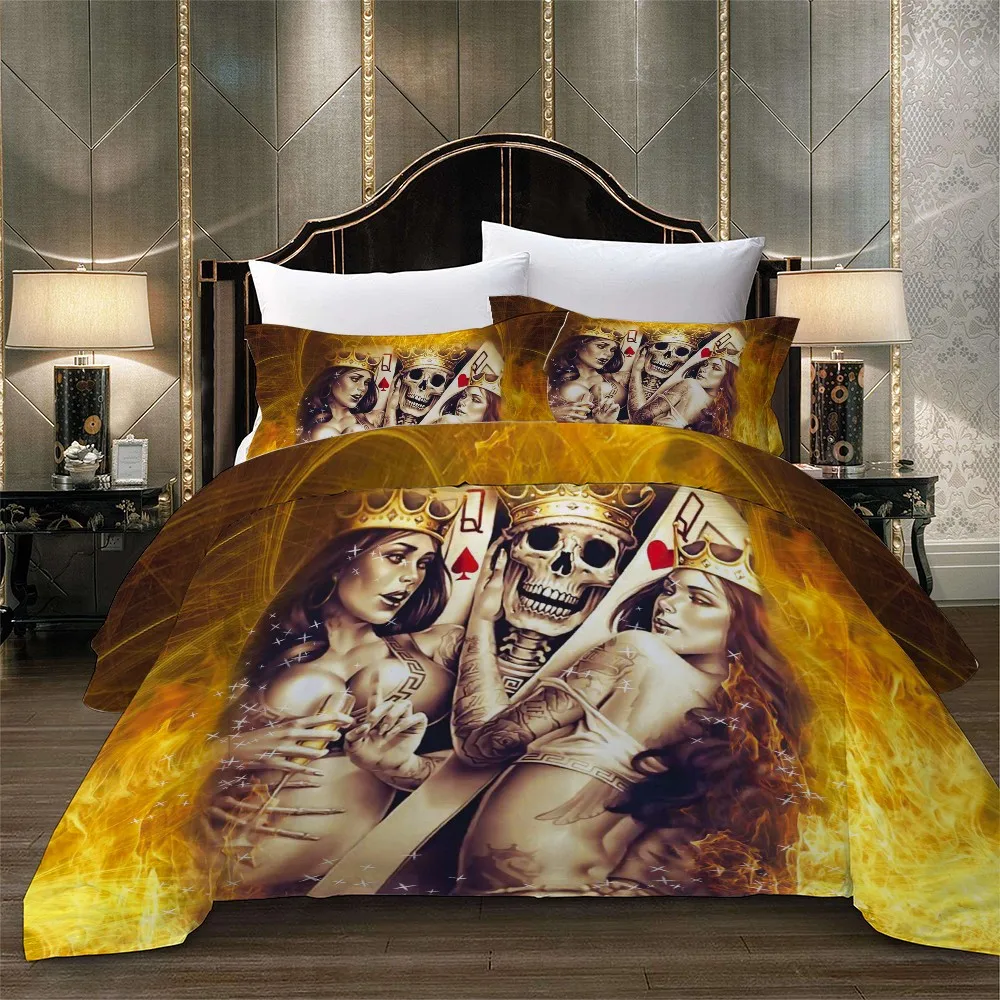 

Sugar Skull and Beauty Bedding Set Boy Comforter Set Pillowcase Flame Print Duvet Cover Set Poker Bed Linen Set 2/3pcs for Home