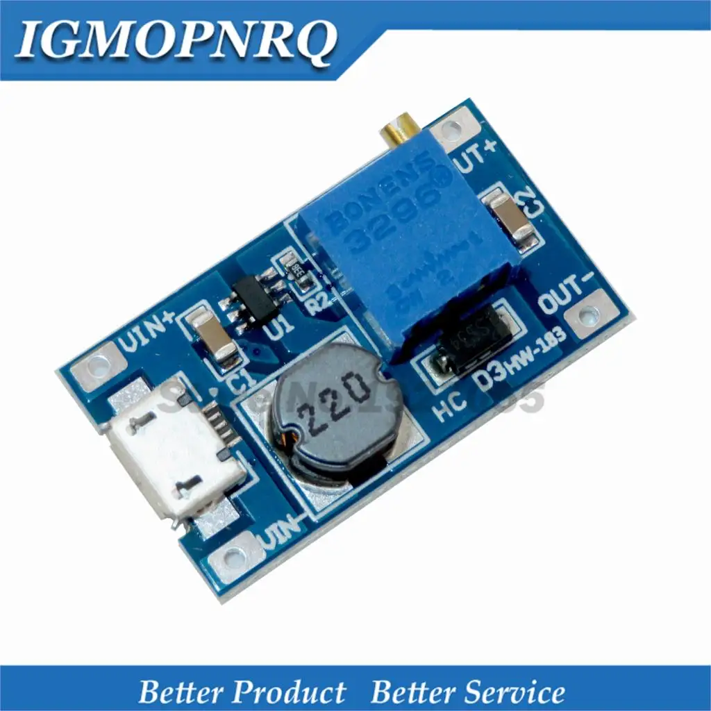 

5pcs/lot MT3608 DC-DC Adjustable Boost Module 2A Boost Step Up Module with USB 2V - 24V to 5V 9V 12V 28V LM2577