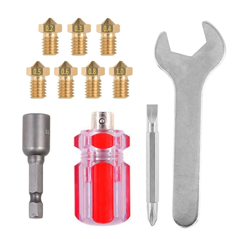 

3D Printer Nozzles + 4x DIY Tools for J-Head E3D V5 V6 0.2mm 0.3mm 0.4mm 0.5mm 0.6mm 0.8mm 1mm Nozzle Tool for Nozzle Replacemen
