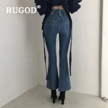 RUGOD, новинка, женские джинсовые брюки с завышенной талией и перекрестными ремешками, корейские шикарные сексуальные брюки