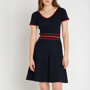 

Brand Fashion Women High-end Luxury Summer Elegant V-neck Short Sleeve Contrast Color Slim Lady Knitted Dress