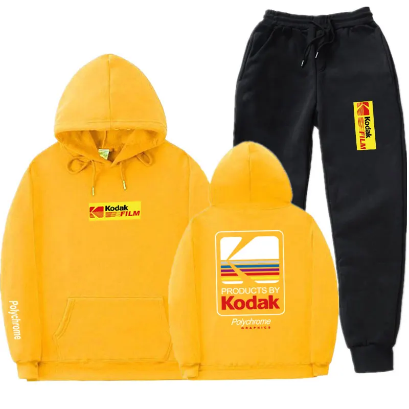 Японский уличная Толстовка Комплект Спортивный костюм для мужчин термальная спортивная одежда наборы Kodak толстовки и брюки Повседневный свитер спортивный костюм - Цвет: Yellow MK098